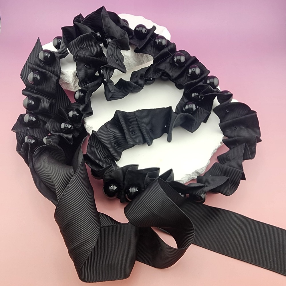 Black Grosgrain Ribbon Beaded Statement Necklace Gothic Tie Choker Dramatic